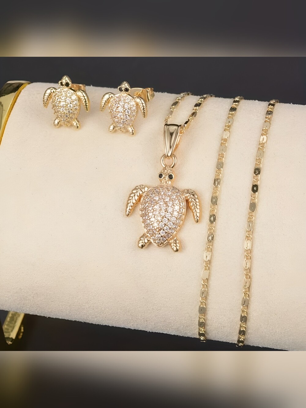Adorable micro pave CZ Sea Turtle necklace & earrings set, Goldtone